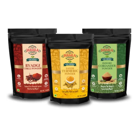 The Classic Trio: Salem Turmeric, Byadgi Chilli & Indore Coriander in One Iconic Trio.